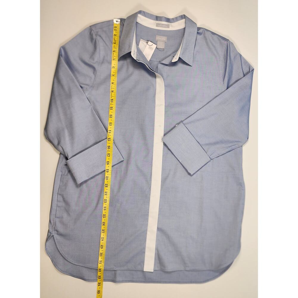Chico’s No Iron Blue Tunic Blouse Contrast Trim Size 3 (16/18) NWT - Picture 3 of 9